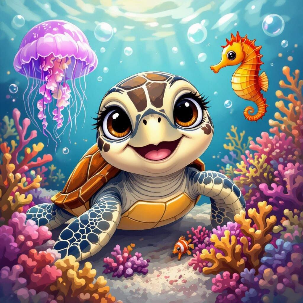 Whimsical Cartoon: Baby Hawksbill Turtle in Coral