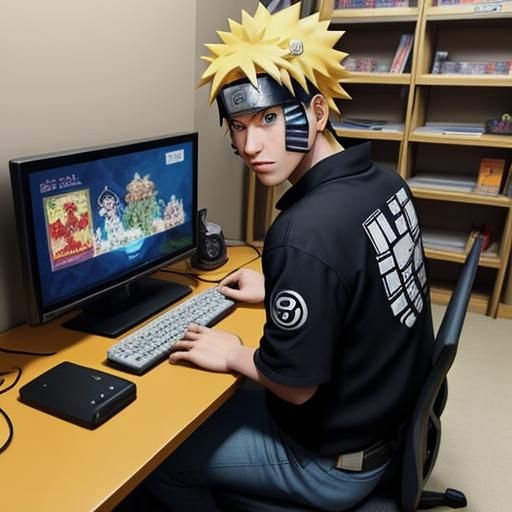 Naruto playing videogames in the backrooms next to a Toyota Camry
