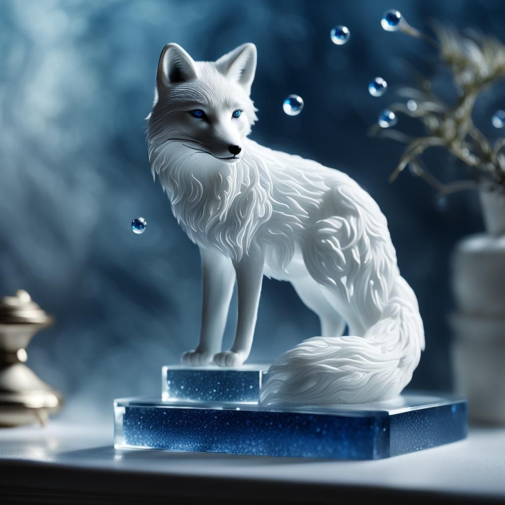 Eerie Surreal White Fox Figurine in Hyperrealism
