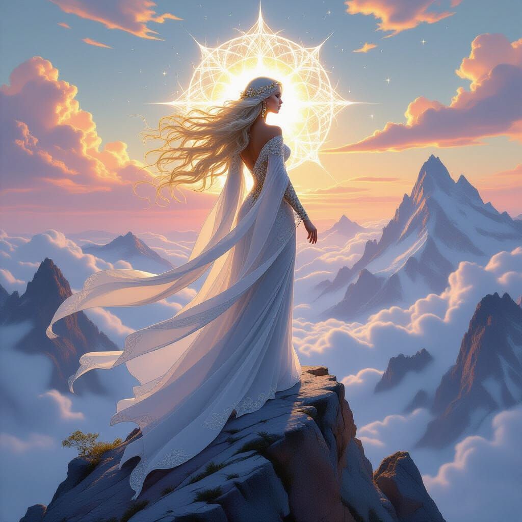 A majestic woman with flowing, ethereal hair, radiating divi...