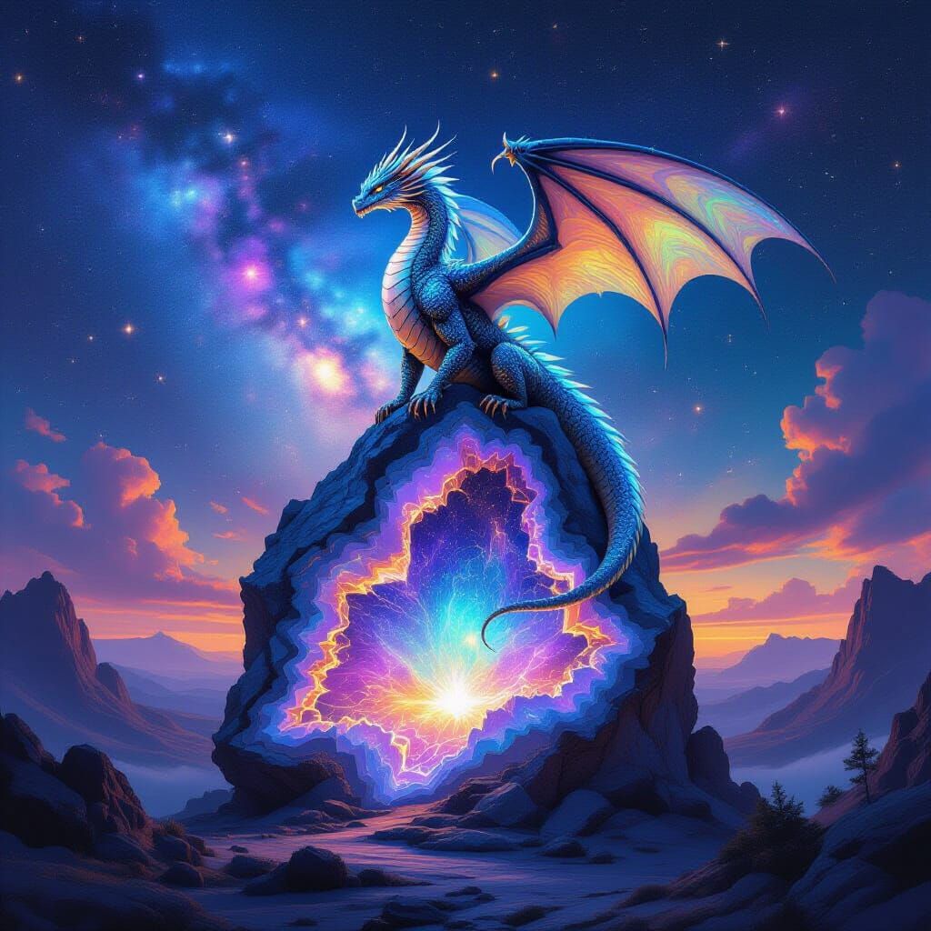 Nebula Dragon on Geode in Hyperrealistic Style