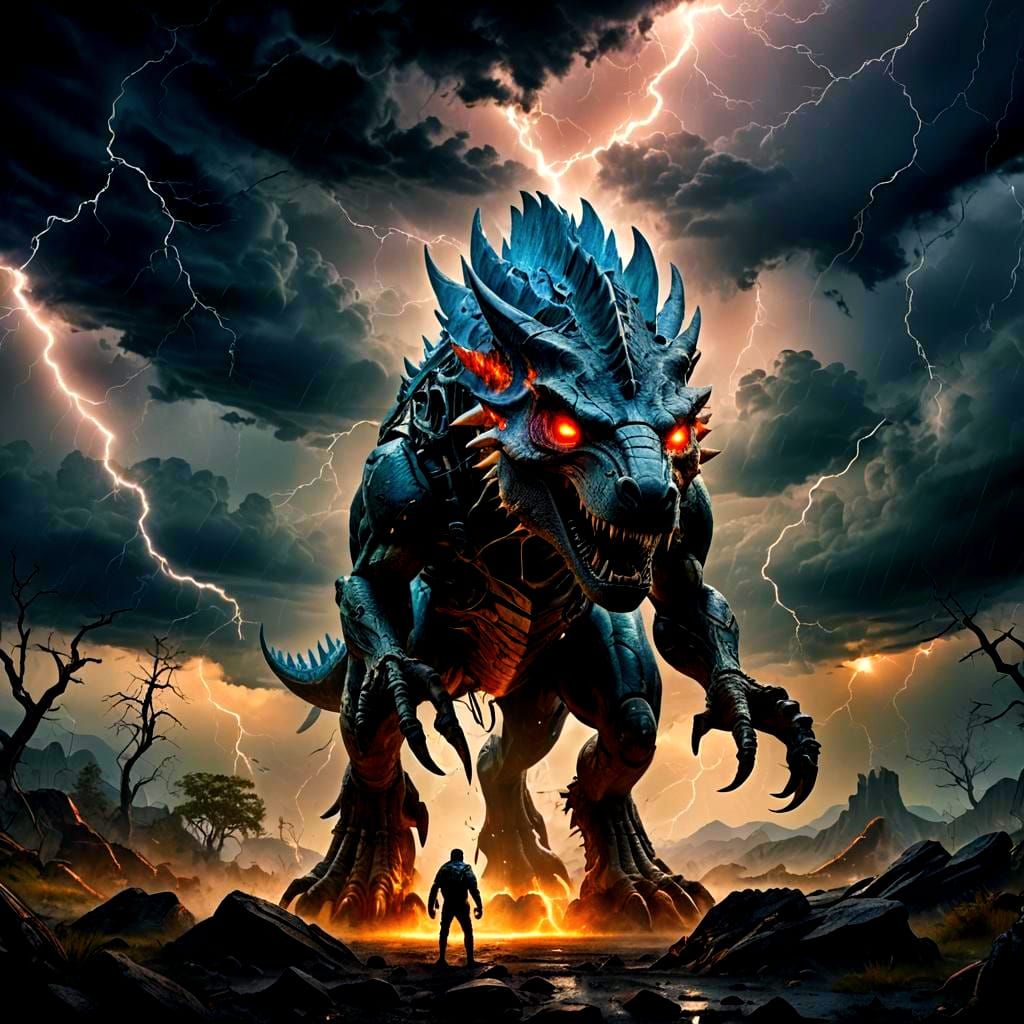 Wolf-like Dinosaur with Lightning Eyes, Detailed Digital Art