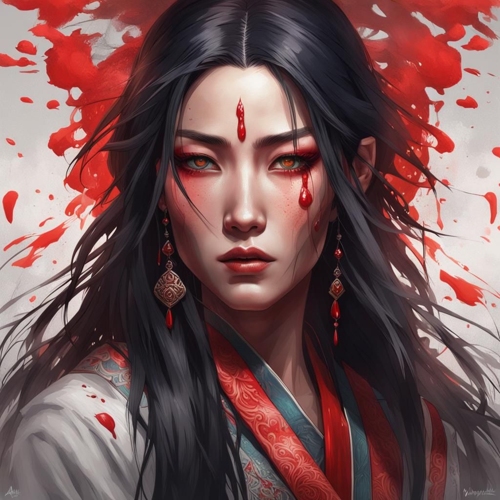 Asian Woman Portrait with Red Tear Tattoo