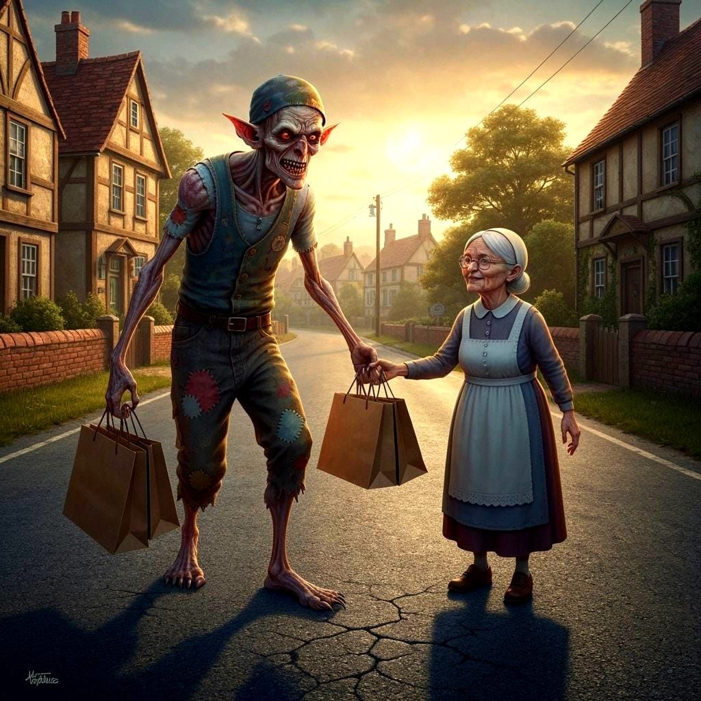 Menacing Monster Helps Nanny with Shopping Bags