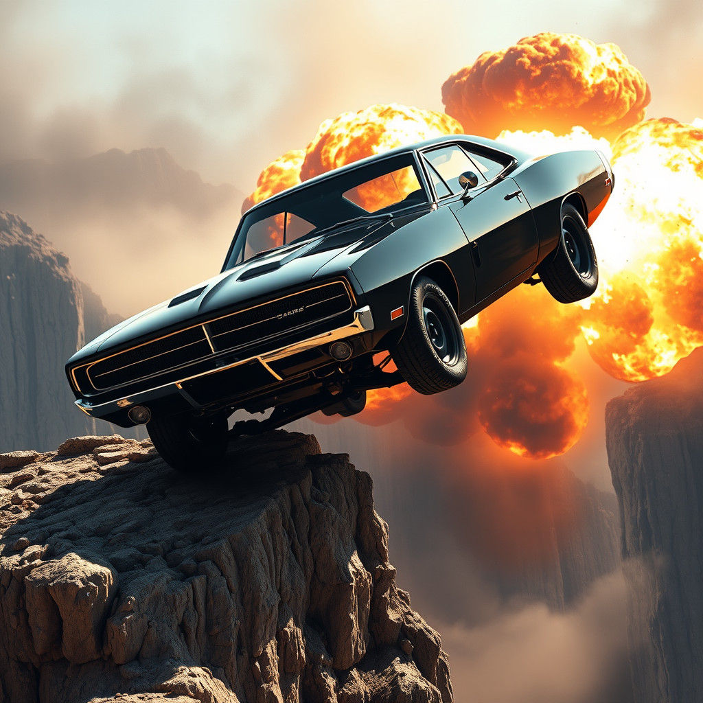 Black Dodge Charger Plunging off Cliff into Dystopia