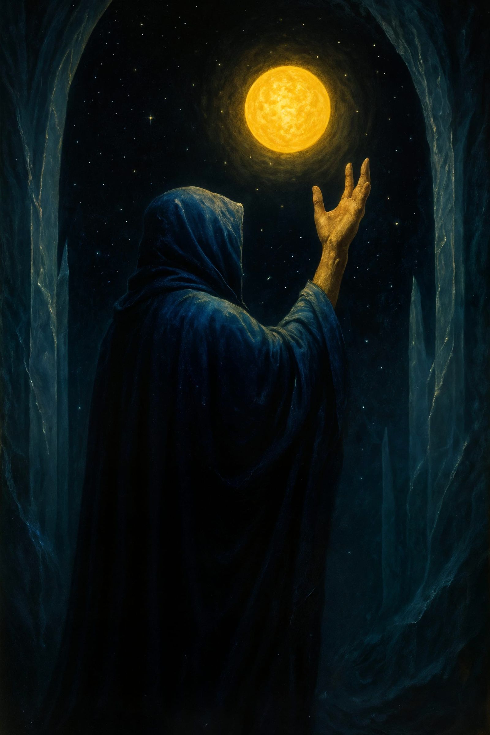 Mysterious Figure Reaching for Glowing Orb in Space