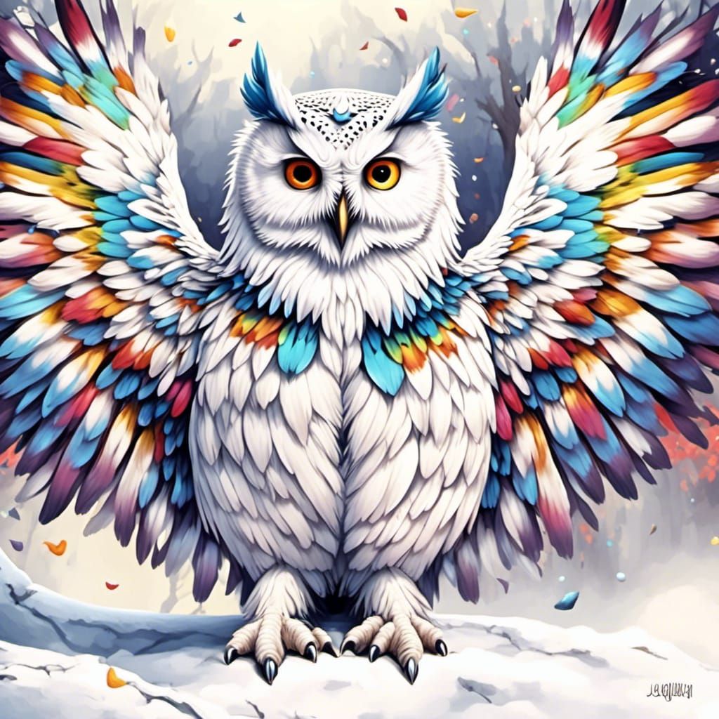 Laughing White Owl with Beak Agape