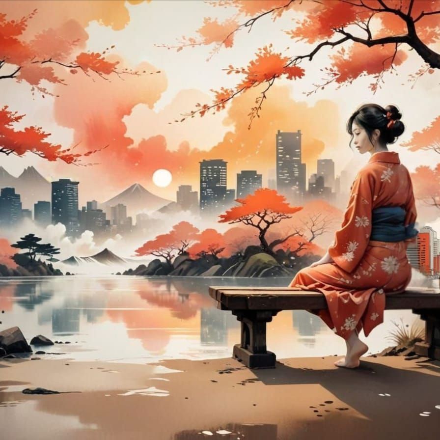 Vibrant City Bench in Whimsical Watercolor Style