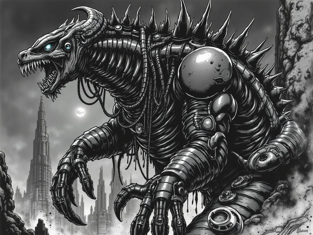 Demonic Mechagodzilla Centaur in Giger Style