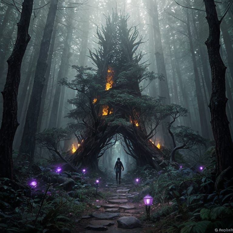 Cat in Dark Fantasy Forest, Hyperdetailed Art