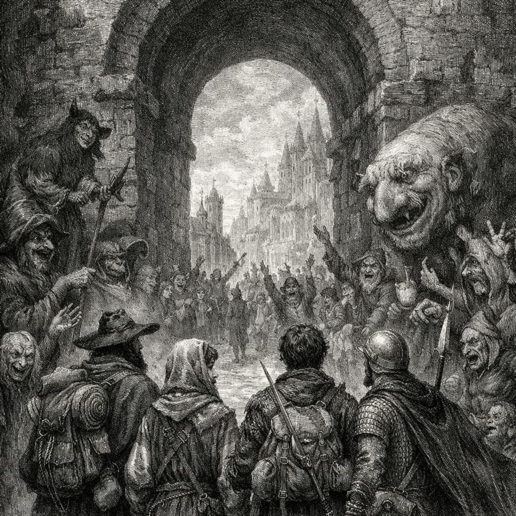 Adventurers Enter Stoned City Gate by Gustave Doré Style