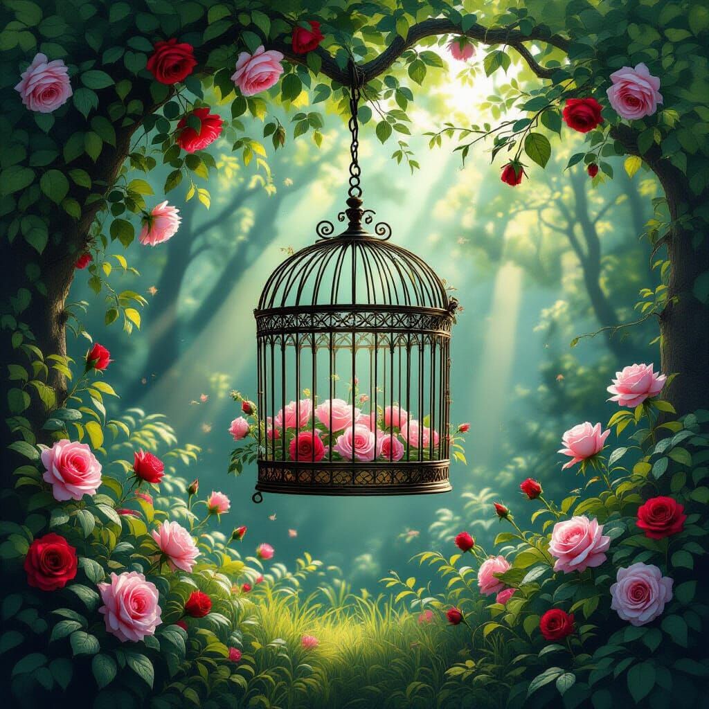 Enchanted Forest Birdcage with Blooming Roses