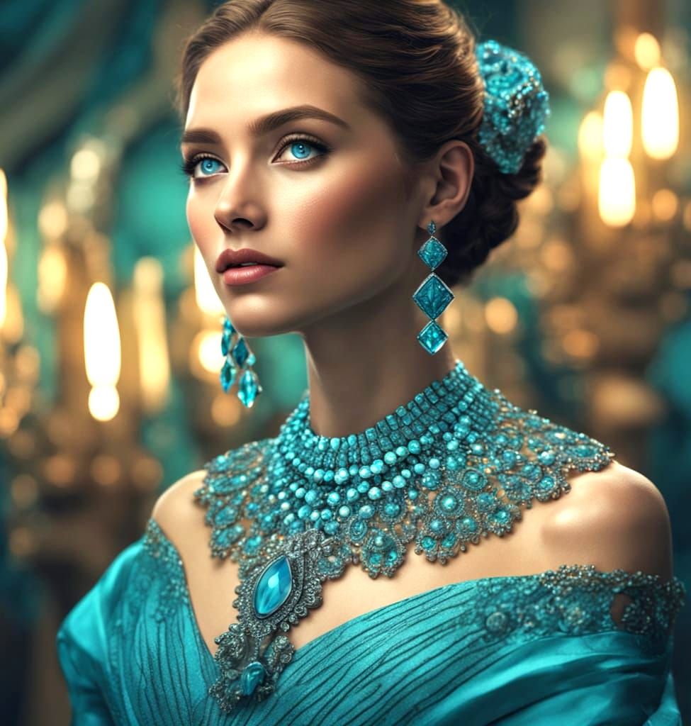 Beautiful Woman in Turquoise Dress: Digital Painting