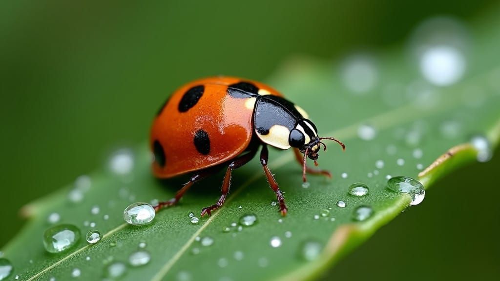 Ladybug on Dewy Leaf in Realistic Detail