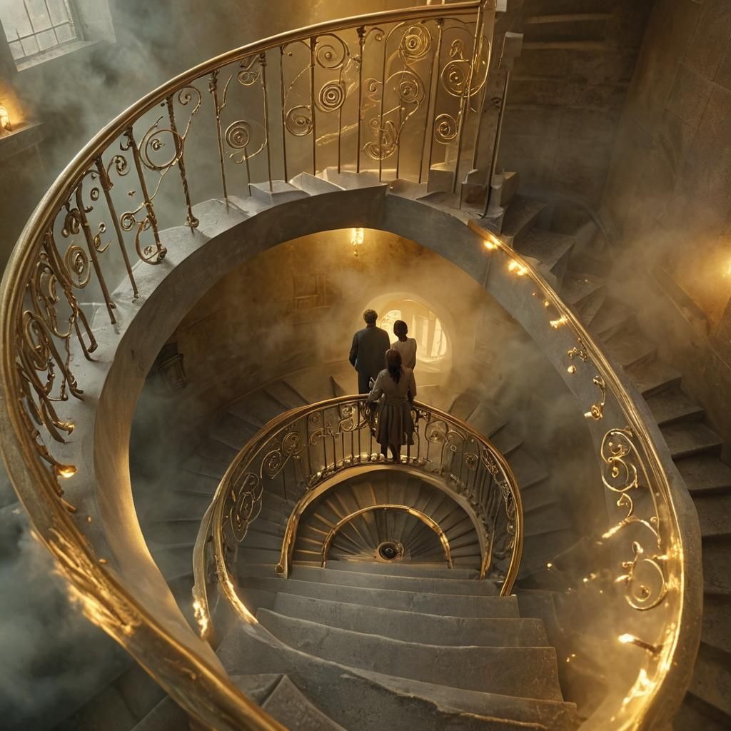 Surreal Ascent: Figures on a Mystical Spiral Staircase