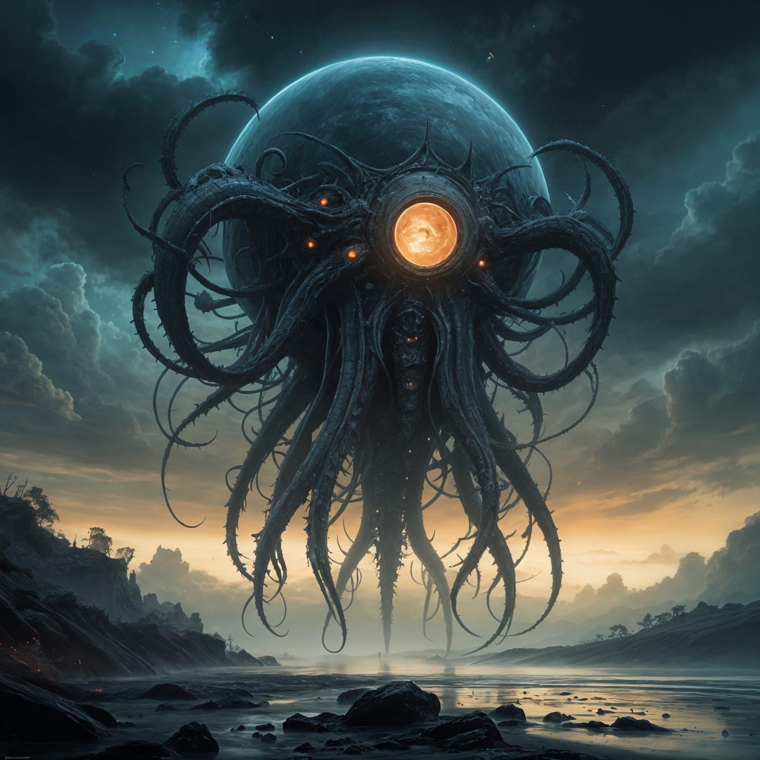 Ethereal Cloud Creature Consumes a Vibrant Planet in a Dark,...