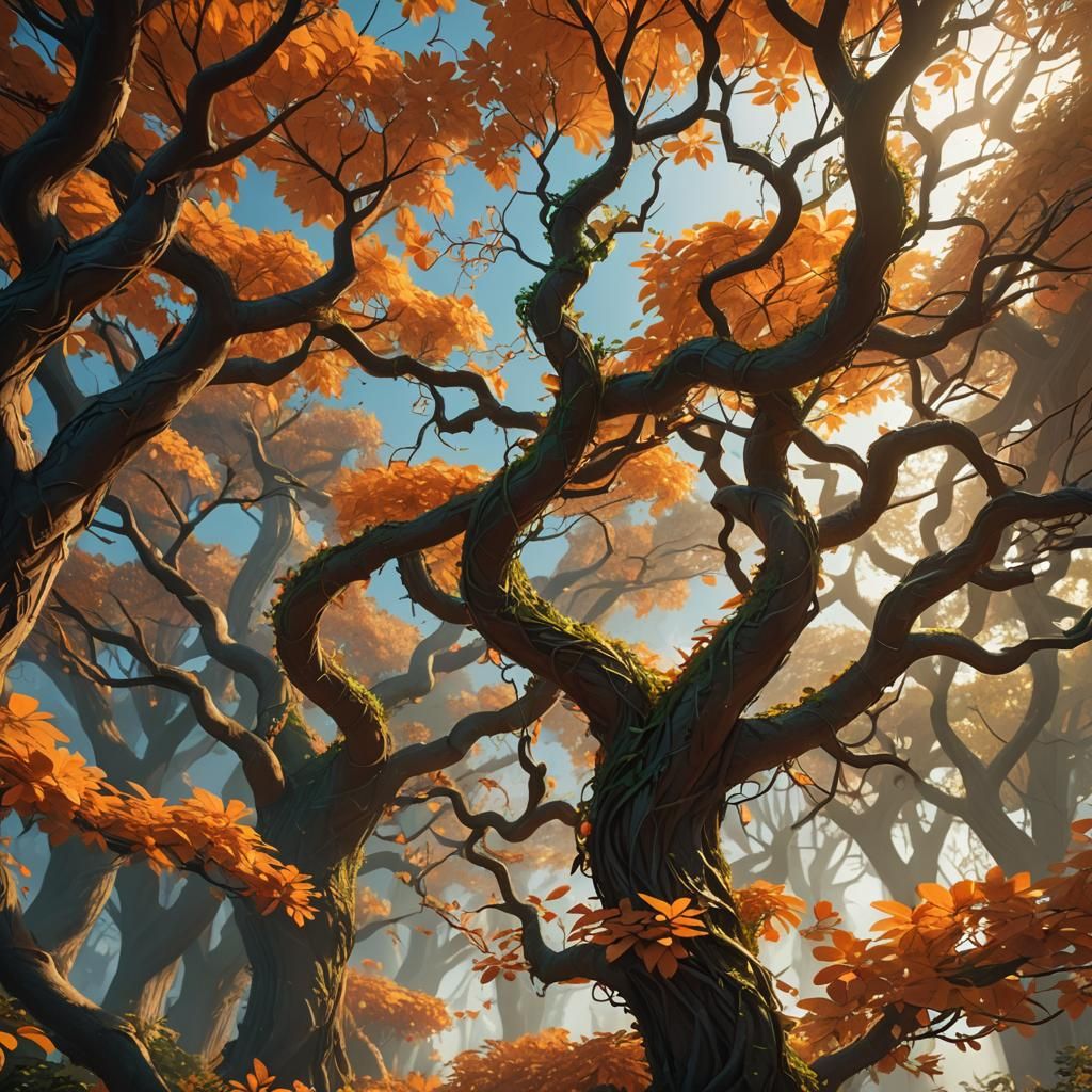 Fantasy Art of Orange Leaf Trees in Vermeerian Light