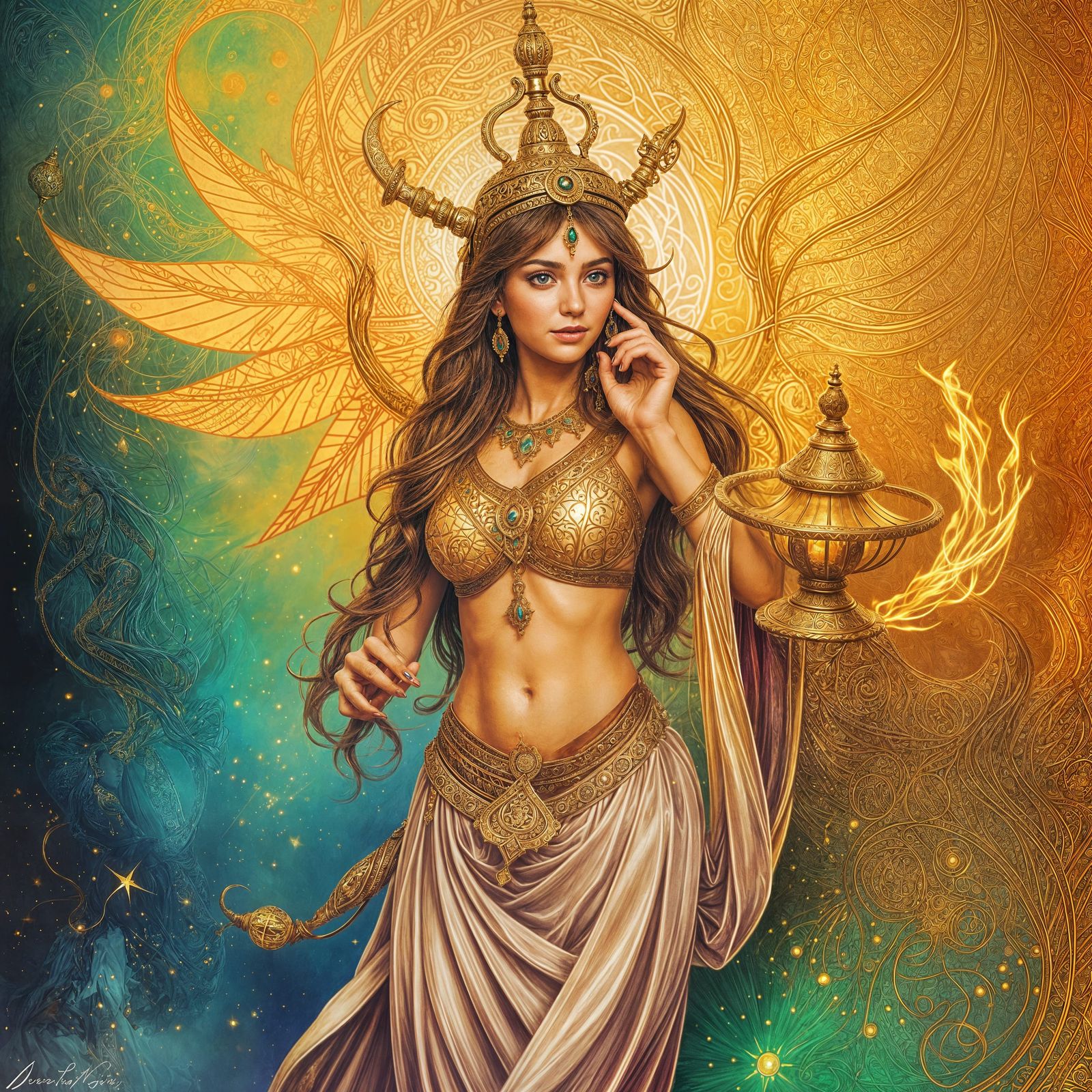 Beautiful Female Djinn Emerges from Golden Lamp