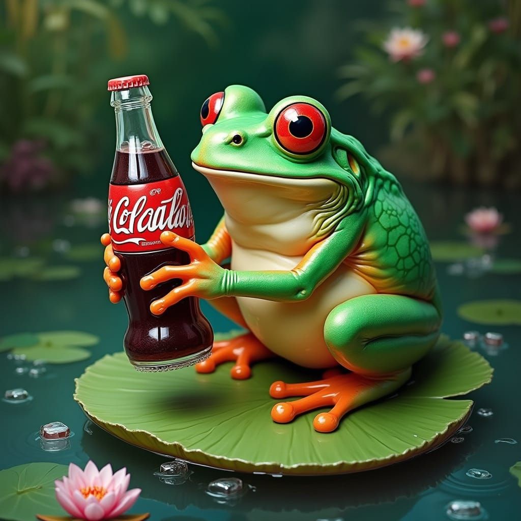 Frog Sips Coca Cola in Whimsical Tropical Oasis