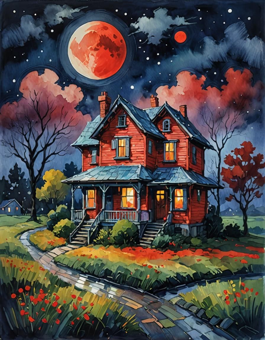 Gloomy House under Red Moon in Gouache Watercolor