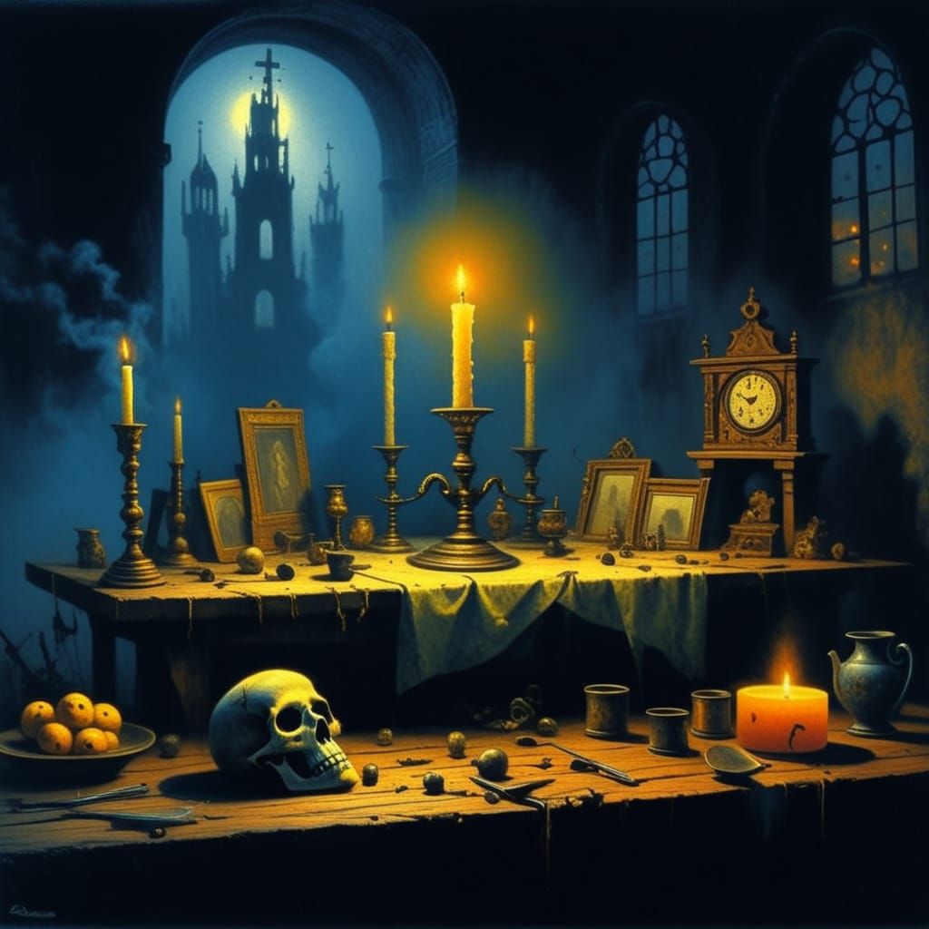 Moody Still Life Oil Painting with Candlelight