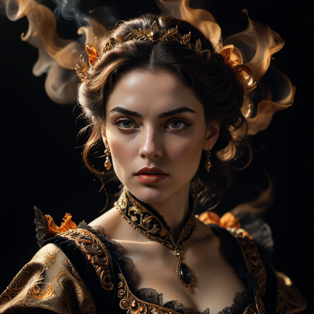 an alluring woman that commands athority with her eyes and reveals her sexuality with her clothing very elegant and lavi...