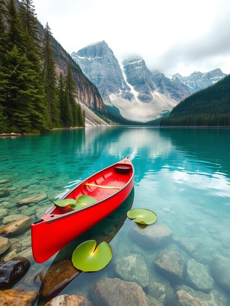 Serene Lake with Red Canoe and Majestic Mountains