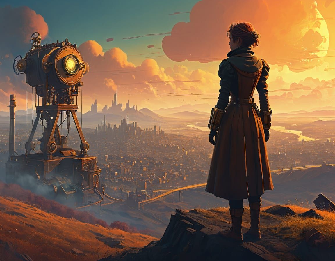 Steampunk Woman Overlooking City Concept Art