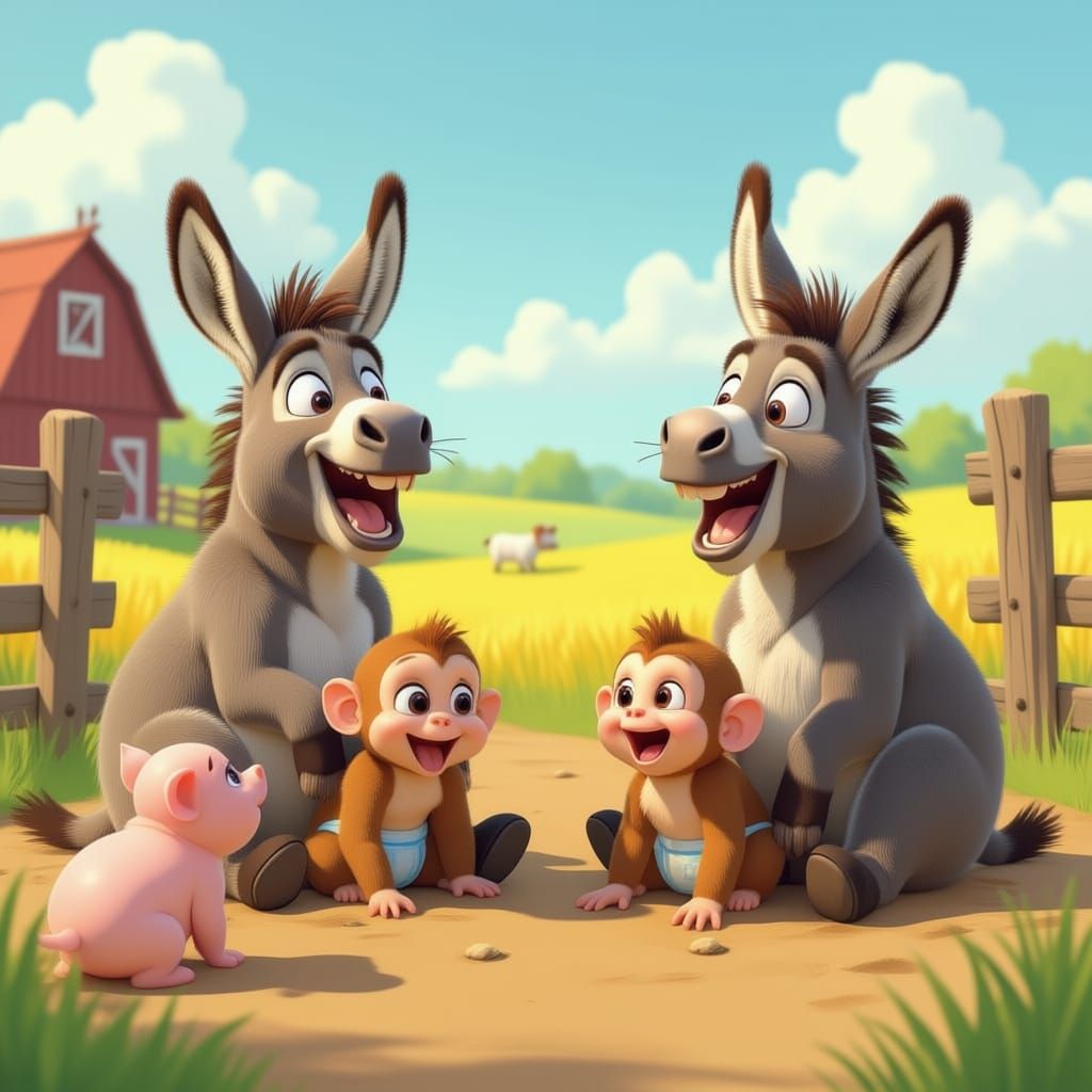Donkeys Roaring With Laughter At Monkeys, Disney Style