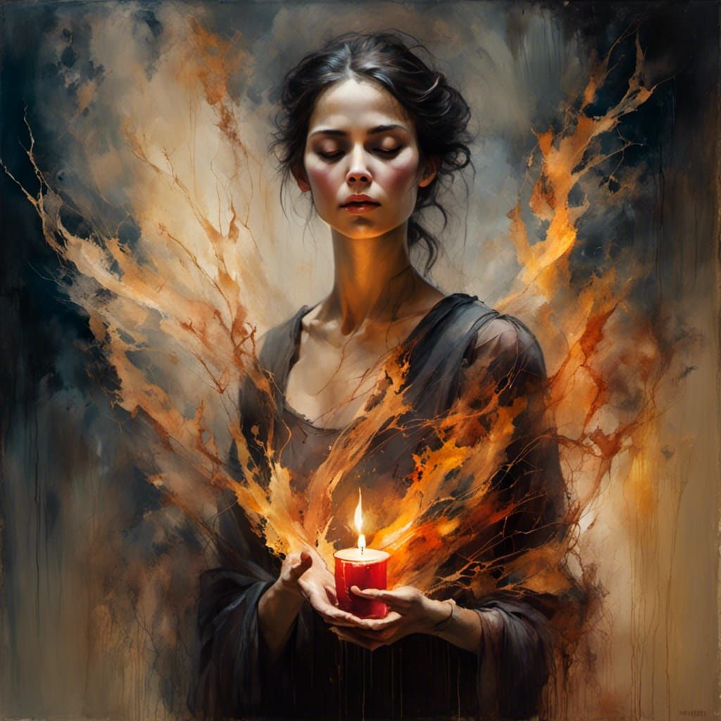 Woman Holds Burning Heart: Romantic Oil Painting