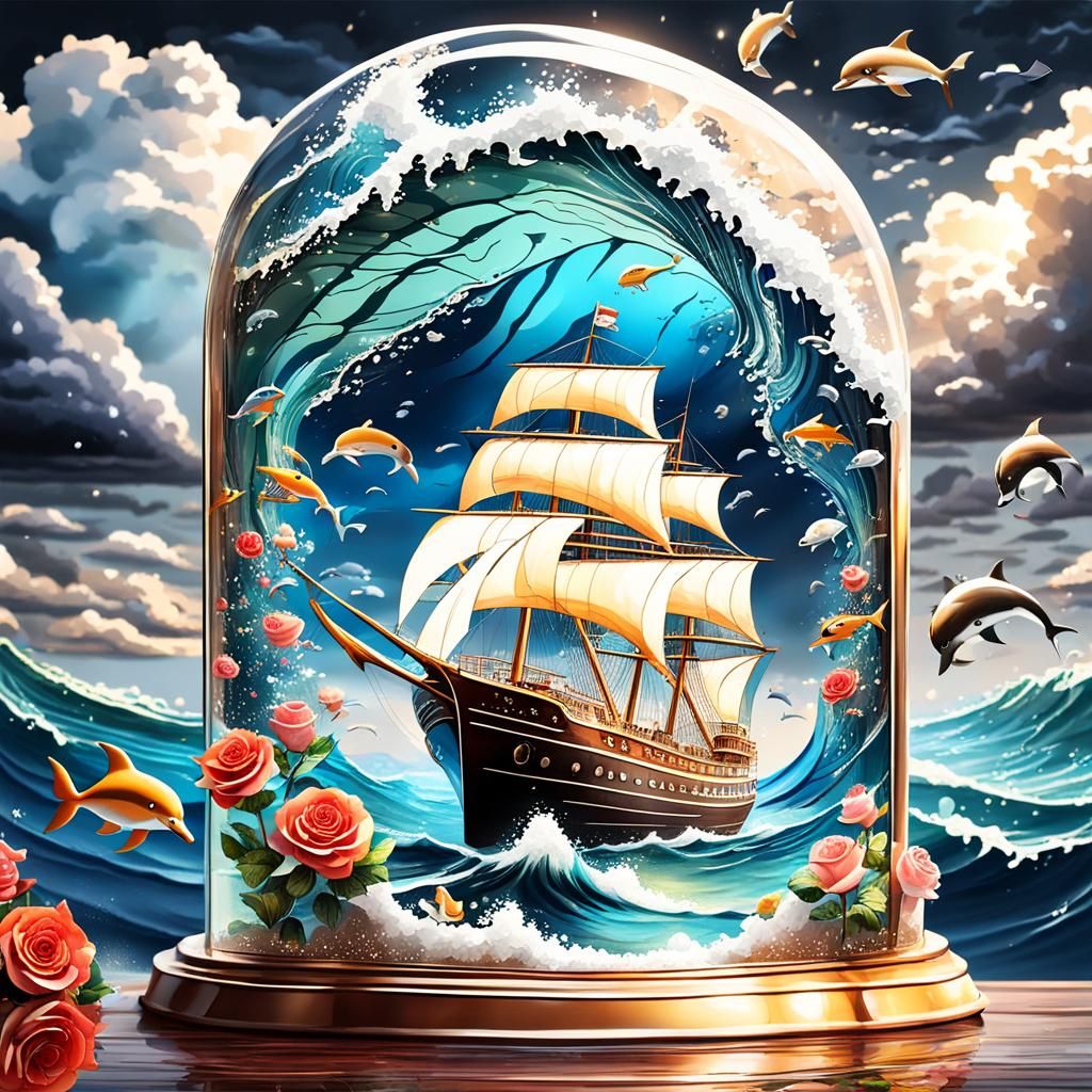 Glass Ship on Stormy Ocean with Roses