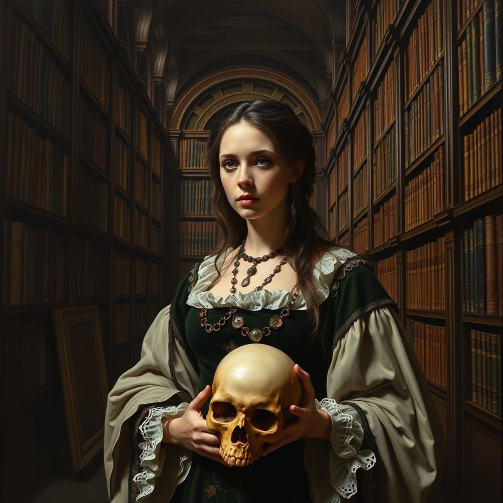 Renaissance Woman with Skull in Library