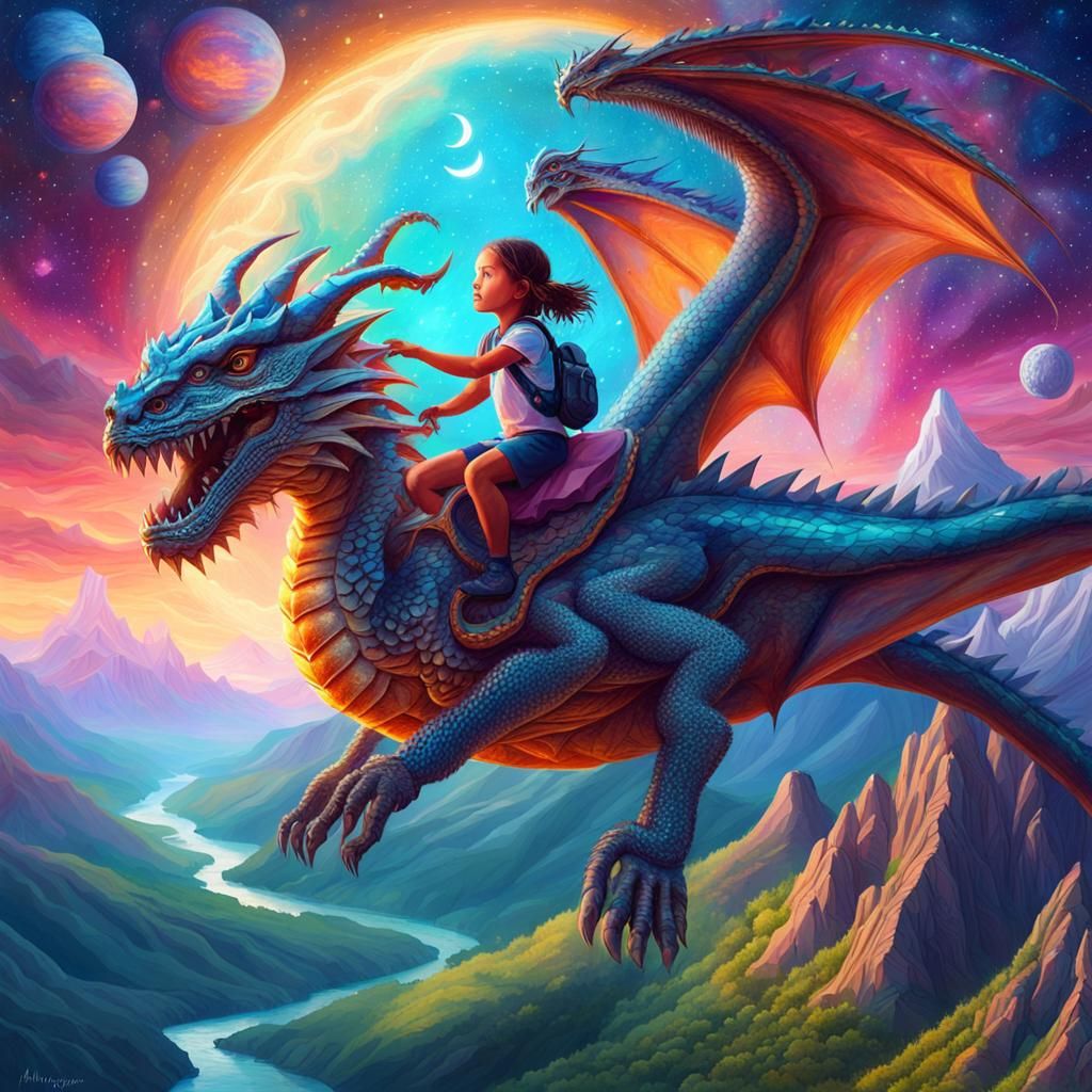 Girl Rides Dragon: Cosmic Holographic Illustration