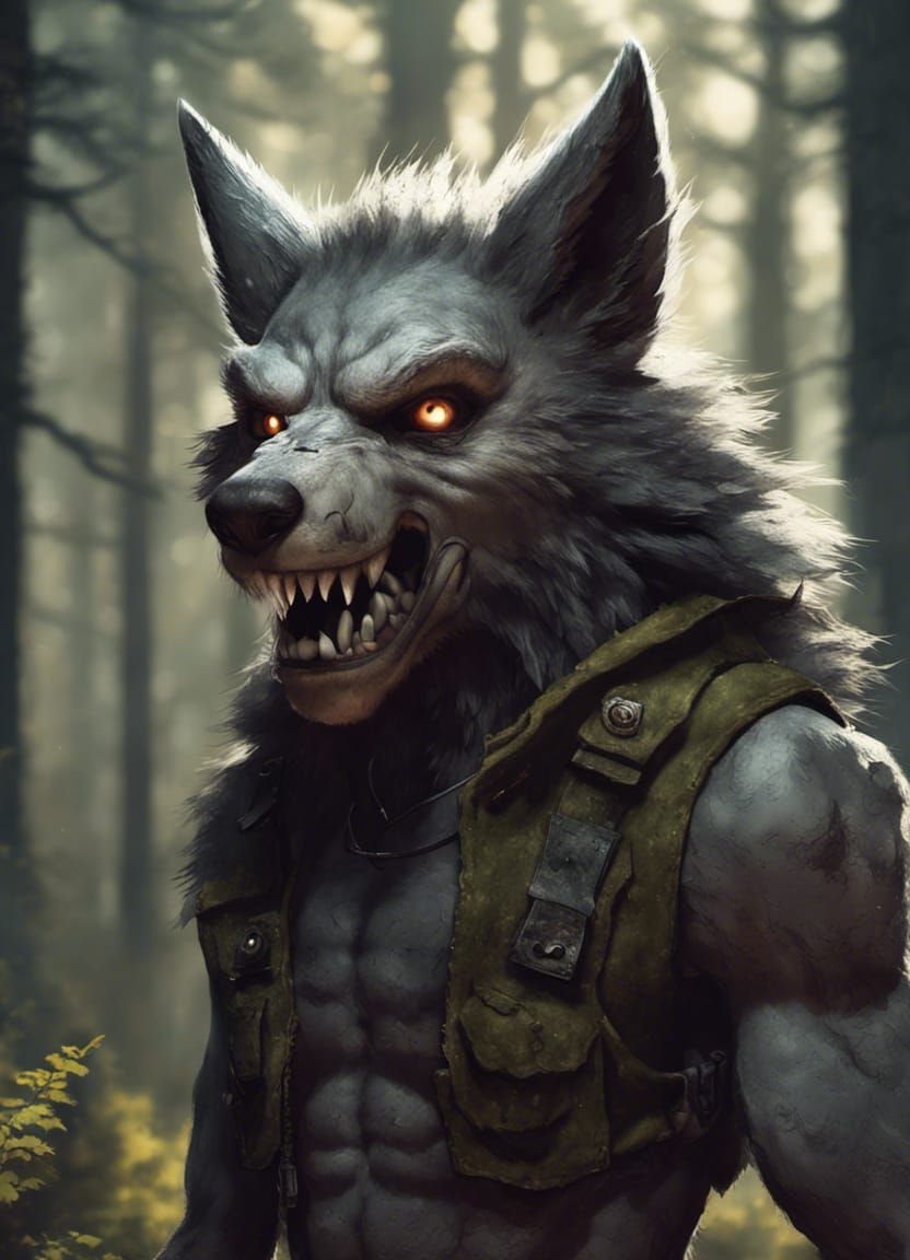Realistic Werewolf in Forest: Fantasy Art Technopunk Style
