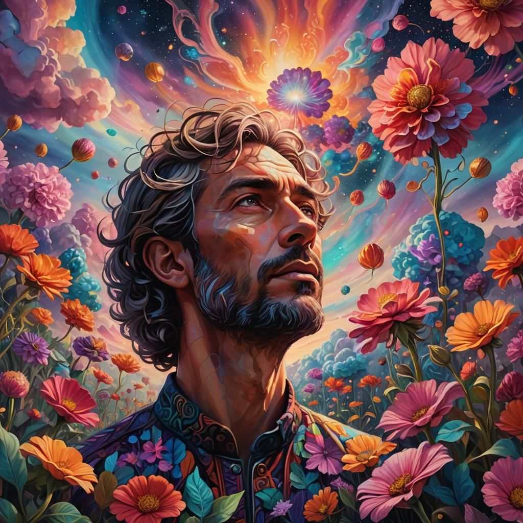 Psychedelic Surrealism: Man Gazing at Astral Flowers