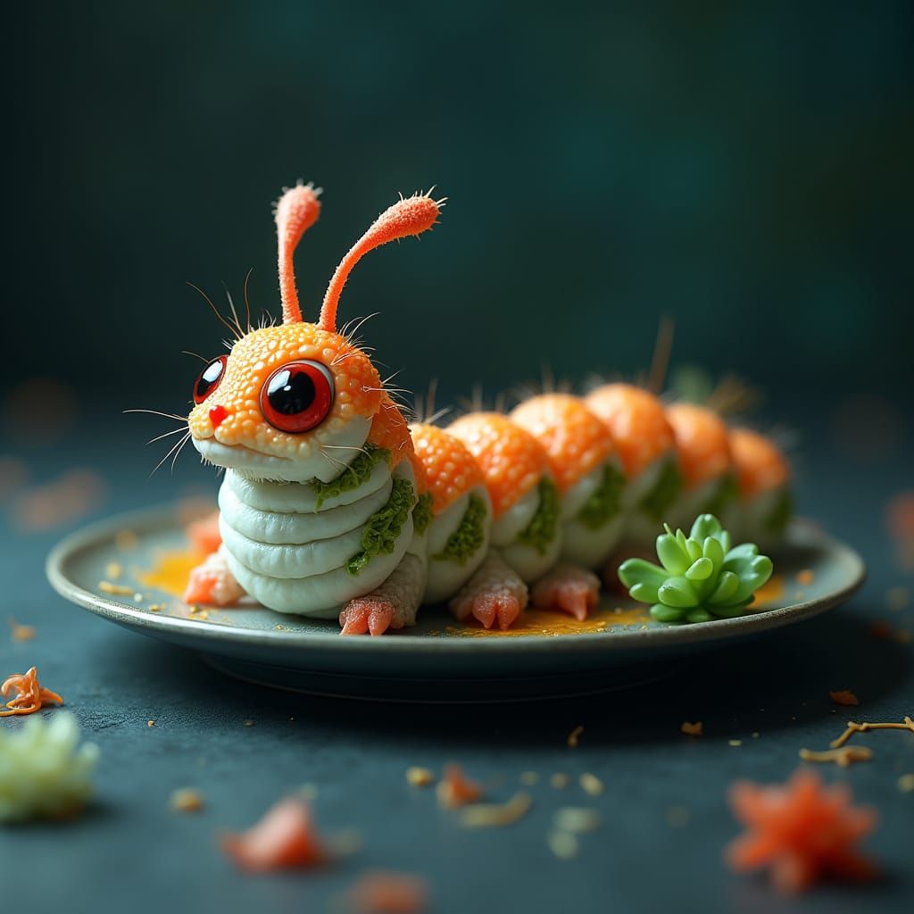 Intricately Detailed Caterpillar Sushi Roll in Modern Fantas...