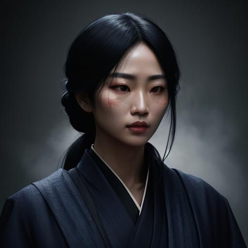 Hyperrealistic Portrait of Woman in Indigo Robe