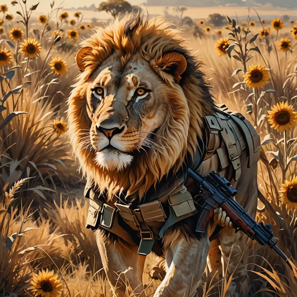 Lion Hunts Human in Military Uniform