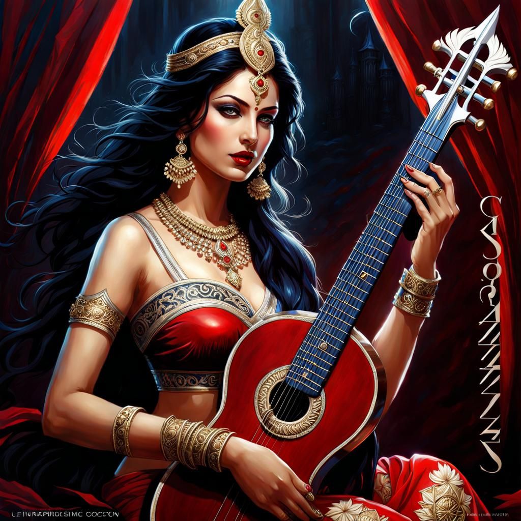 Gothic Saraswati in Dark Fantasy Style