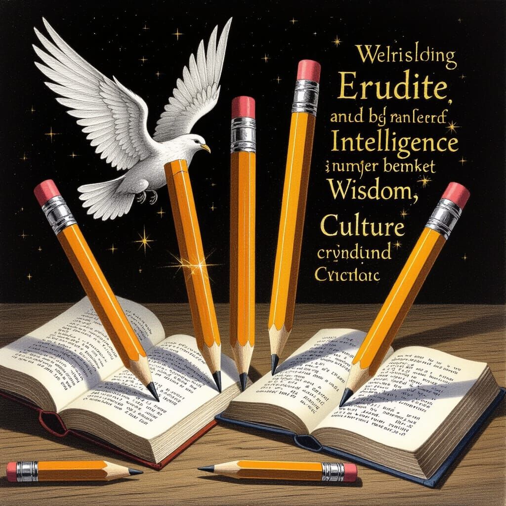 Winged Pencils Sketching Wisdom in Neo-Impressionist Style