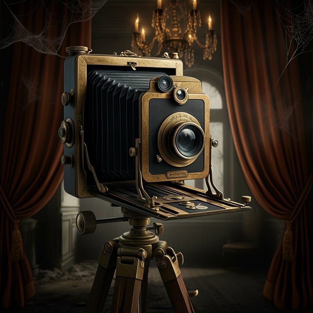 Antique Camera in a Haunting Victorian Foyer