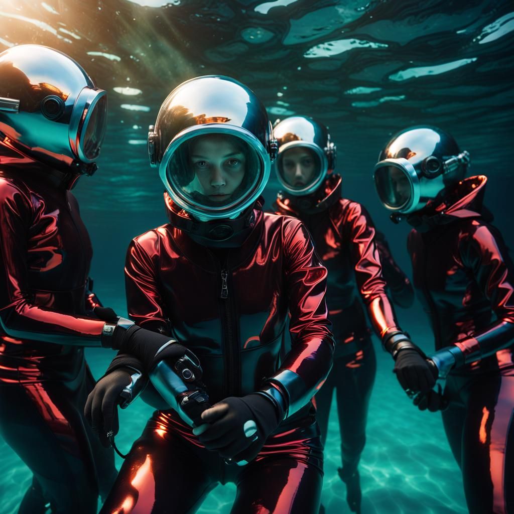 Girls in Futuristic Scuba Gear Underwater: Digital Matte Pai...