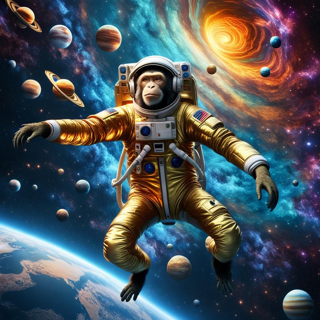 Surrealist Space Masterpiece: Monkey-Like Astronaut Soars in...