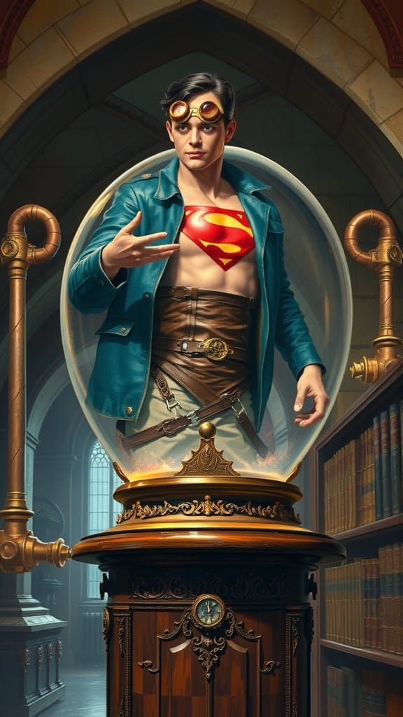 Steampunk Superboy in a Gilded Glass Orb