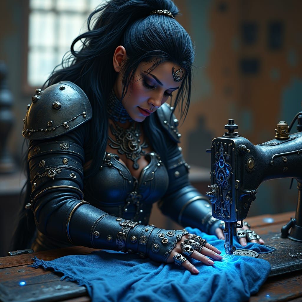 Valkyrie Seamstress in Dark Fantasy Biomechanical Style