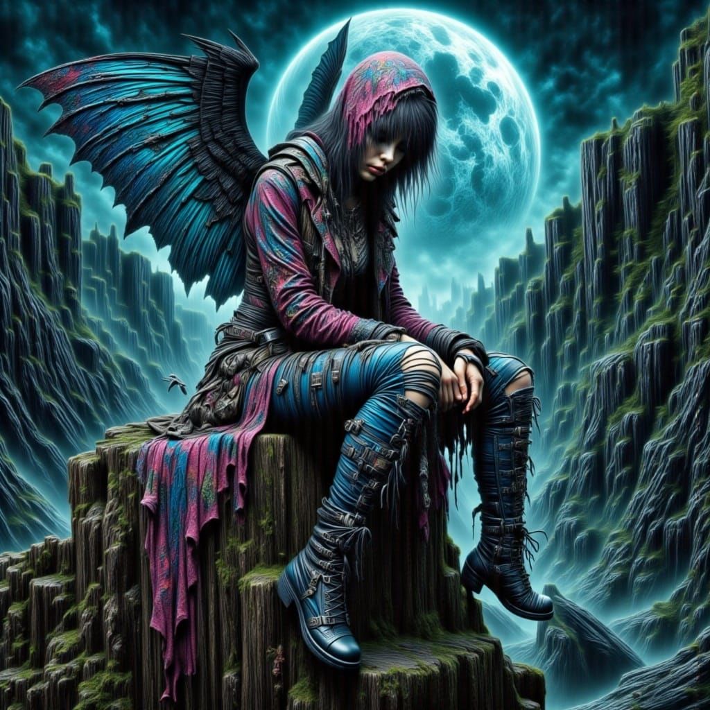 Whimsical Fairy on Cliff Under Blue Moon