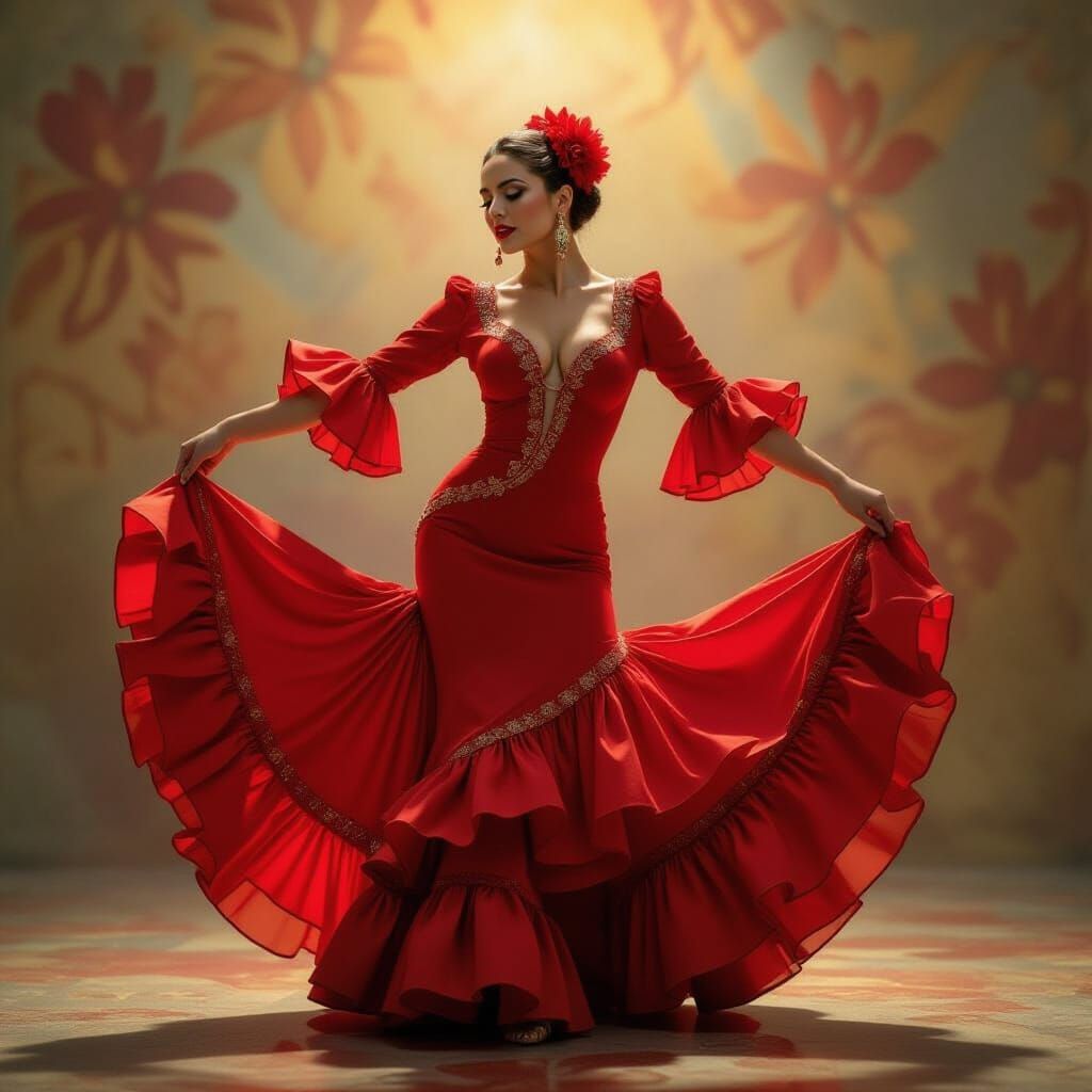 Flamenco Dancer in Red Dress, Surreal Style