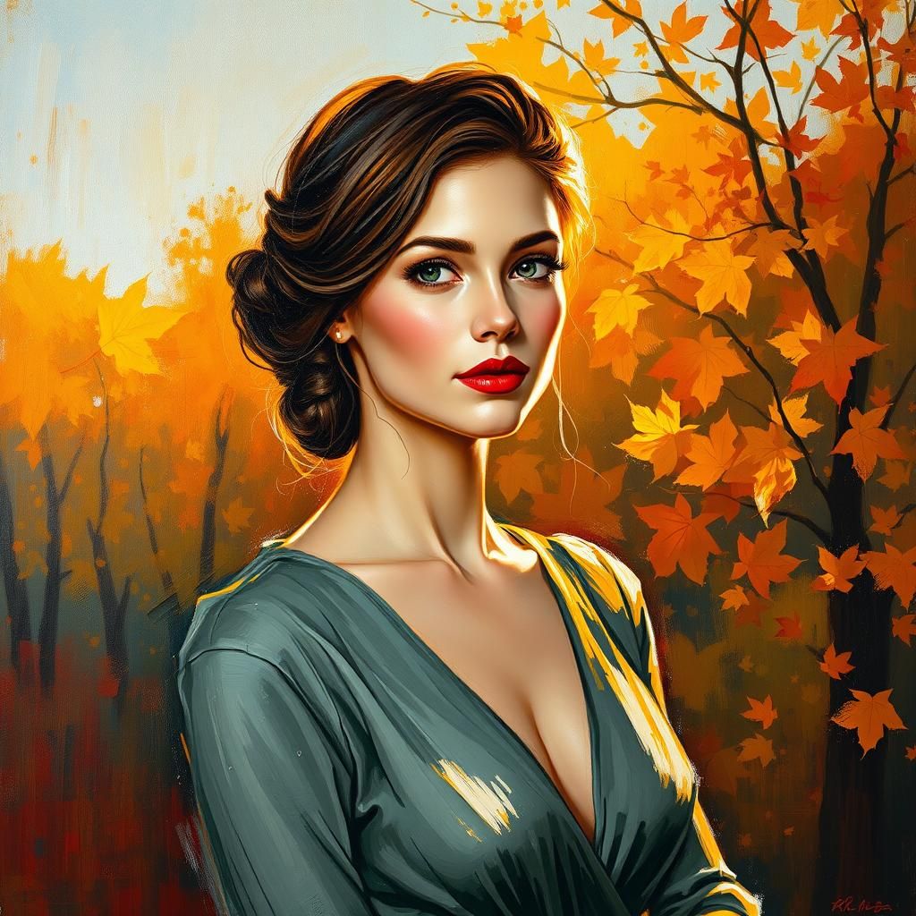 Elegant Lady in Autumn, Neo-Impressionist Painting