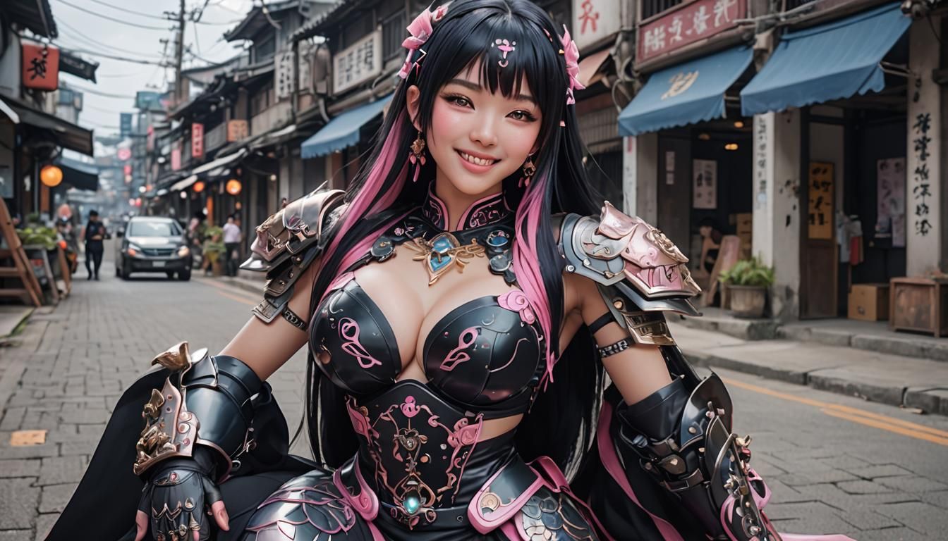 Gothic Asian Woman in Armor Bikini: 3D Anime Art