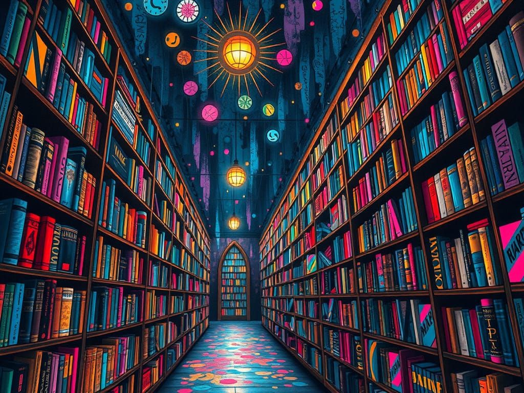 Mystical Midnight Library in Graffiti Splash Art